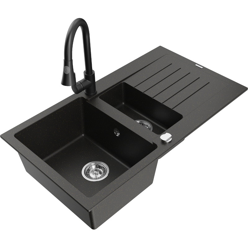 Mexen Matias Granitspüle 1,5-Becken mit Abtropffläche und Küchenarmatur Elia, schwarz/goldfarben metallic - 6502-75-670101-70