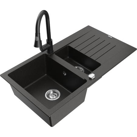 Mexen Matias Granitspüle 1,5-Becken mit Abtropffläche und Küchenarmatur Elia, schwarz/goldfarben metallic - 6502-75-670101-70
