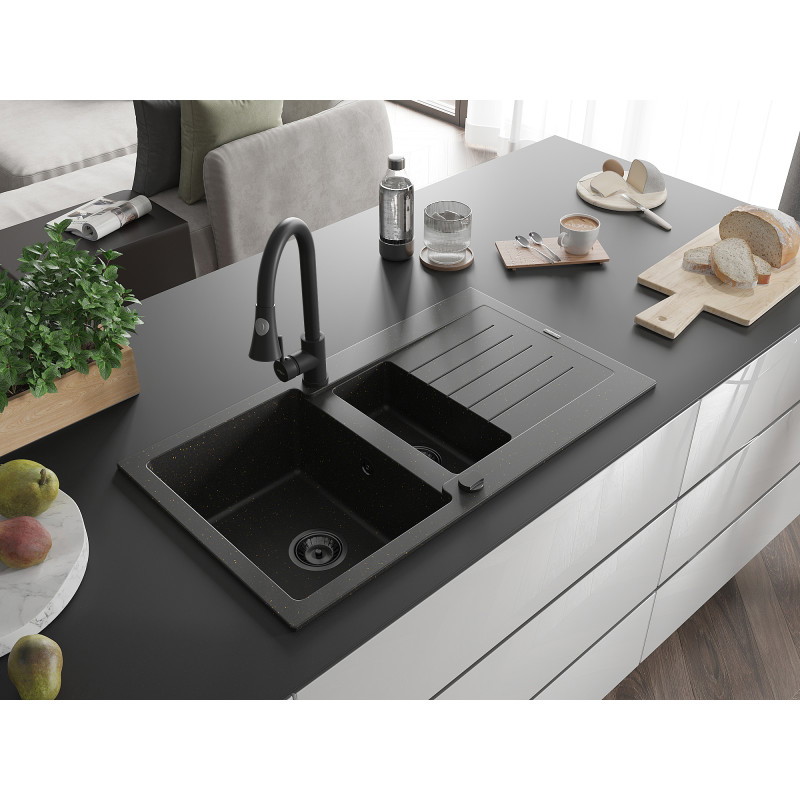 Mexen Matias Granitspüle 1,5-Becken mit Abtropffläche und Küchenarmatur Elia, schwarz/goldener Metallic - 6502-75-670101-70-B