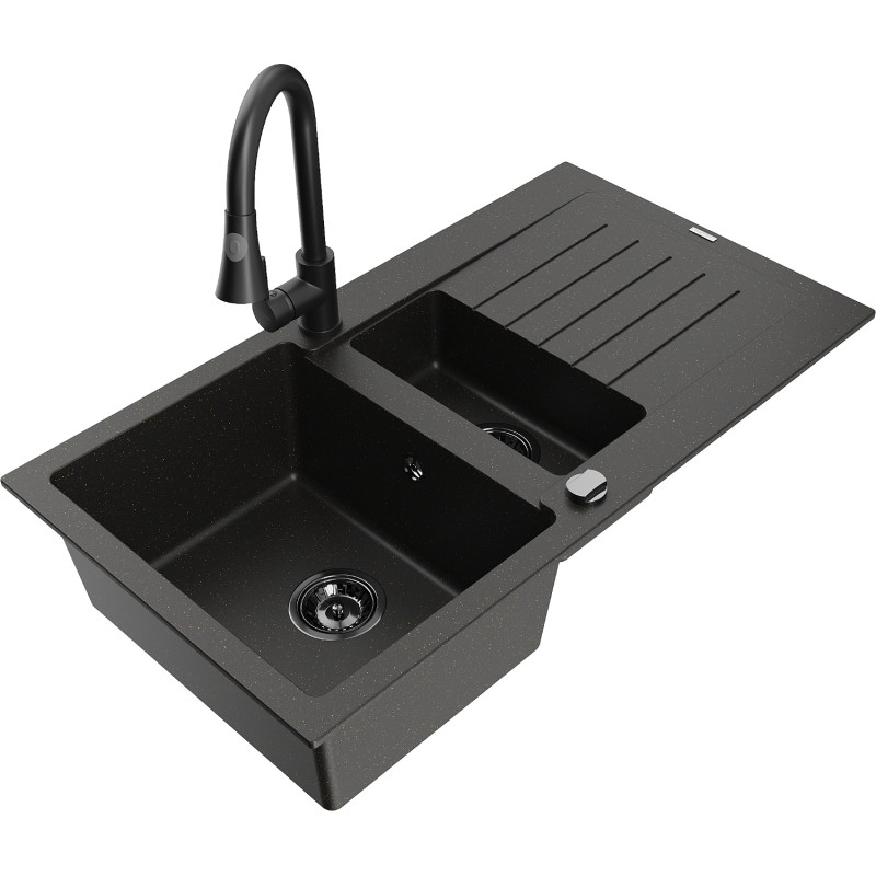 Mexen Matias Granitspüle 1,5-fach mit Abtropffläche und Küchenarmatur Elia, schwarz/gold metallic - 6502-75-670101-70-B