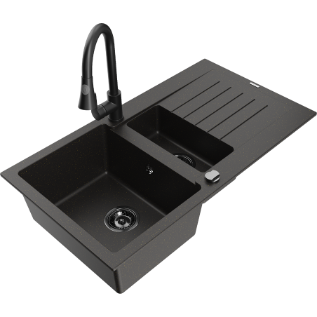 Mexen Matias Granitspüle 1,5-Becken mit Abtropffläche und Küchenarmatur Elia, schwarz/goldener Metallic - 6502-75-670101-70-B