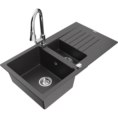 Mexen Matias Granitspüle 1,5-Becken mit Abtropffläche und Küchenarmatur Elia, schwarz gesprenkelt - 6502-76-670101-00