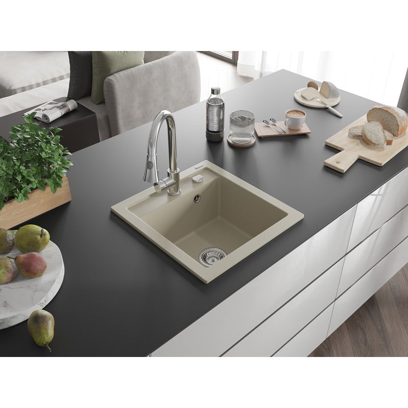 Mexen Vito Granitspüle 1-Kammer mit Küchenarmatur Elia, beige - 6503-69-670101-00
