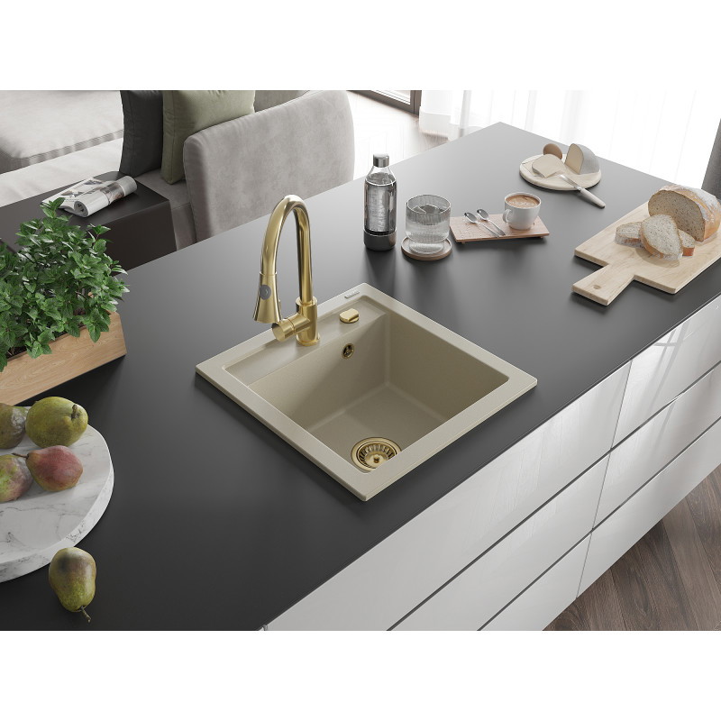 Mexen Vito Granitspülbecken 1-Becken mit Küchenarmatur Elia, beige - 6503-69-670101-50