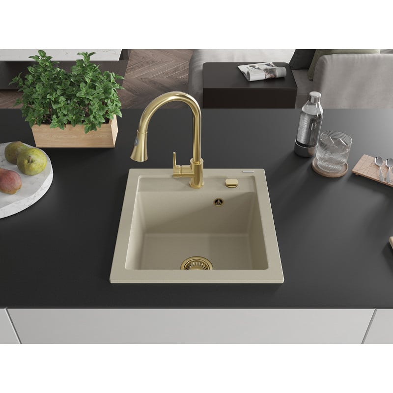 Mexen Vito Granitspülbecken 1-Becken mit Küchenarmatur Elia, beige - 6503-69-670101-50