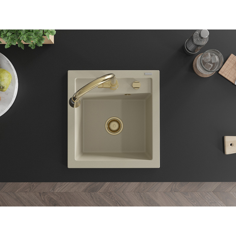 Mexen Vito Granitspülbecken 1-Becken mit Küchenarmatur Elia, beige - 6503-69-670101-50