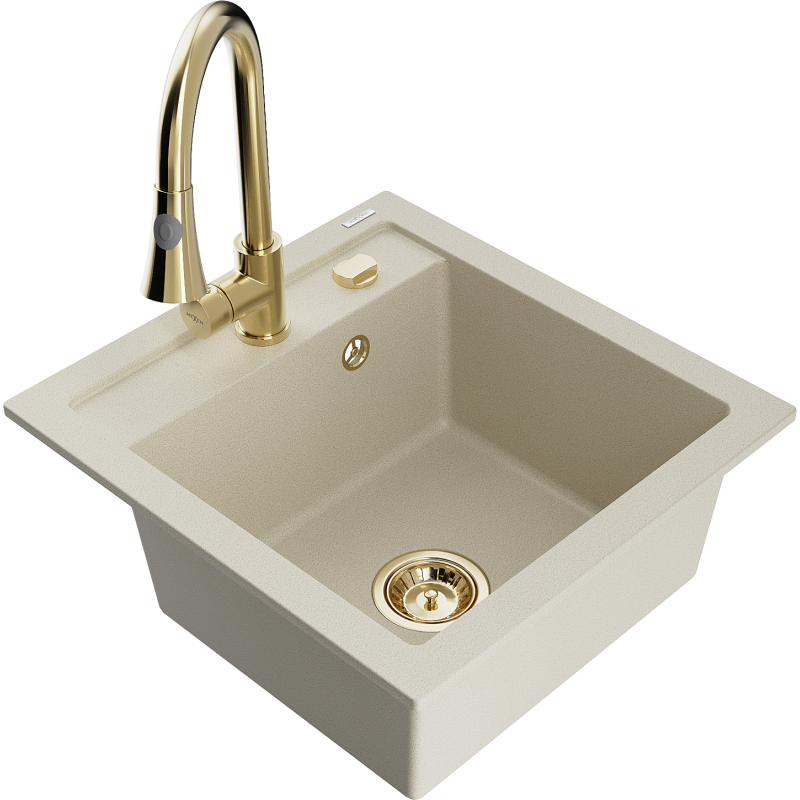 Mexen Vito Granitspülbecken 1-Becken mit Küchenarmatur Elia, beige - 6503-69-670101-50