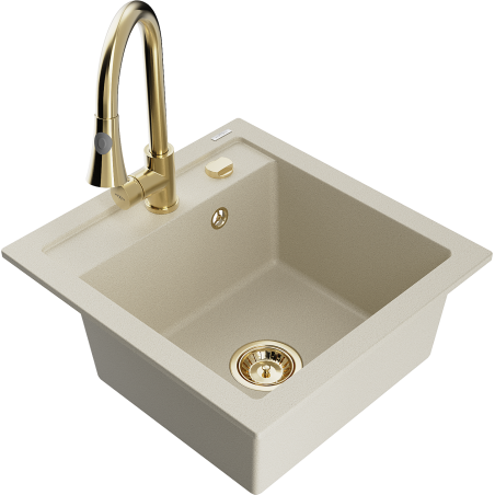 Mexen Vito Granitspülbecken 1-Becken mit Küchenarmatur Elia, beige - 6503-69-670101-50
