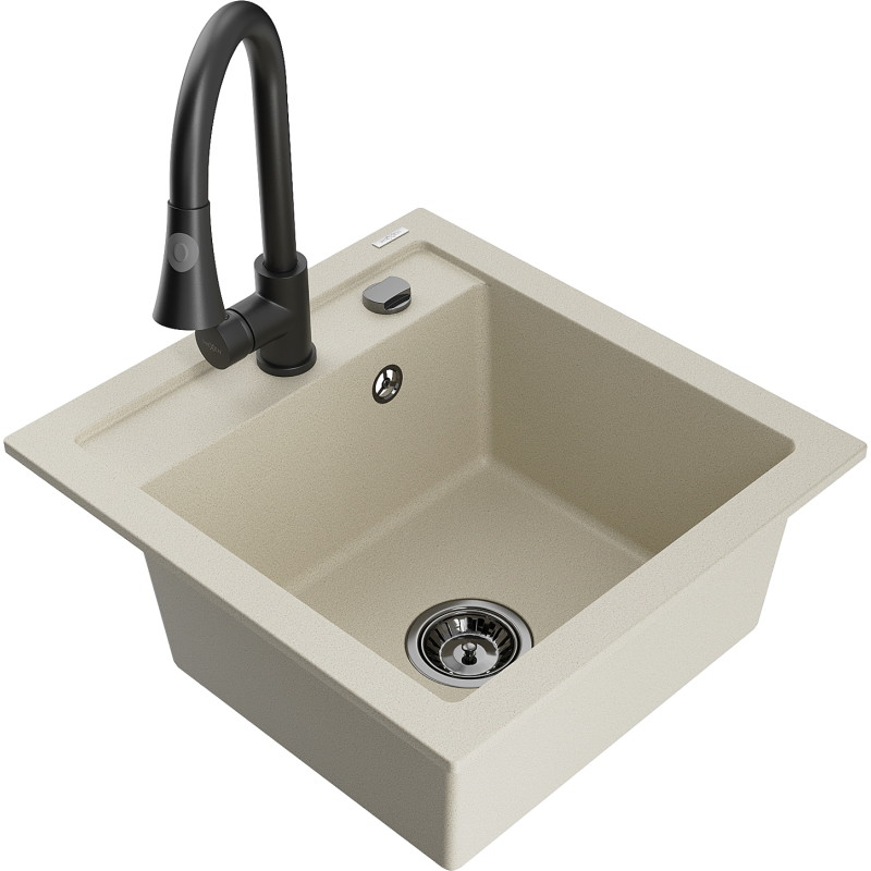 Mexen Vito Granitspüle mit 1 Becken und Küchenarmatur Elia, beige - 6503-69-670101-70