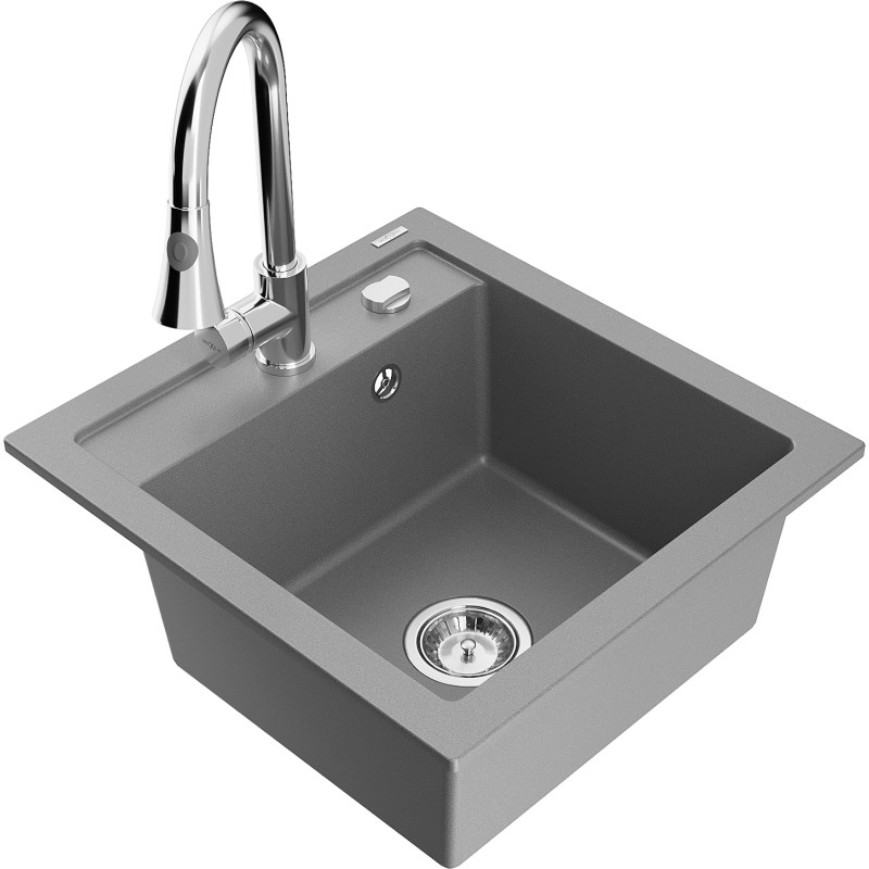 Mexen Vito Granitspüle 1-Becken mit Küchenarmatur Elia, grau - 6503-71-670101-00