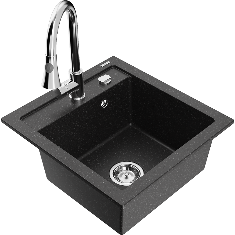 Mexen Vito Granitspüle ein Becken mit Küchenarmatur Elia, schwarz/silber metallic - 6503-73-670101-00