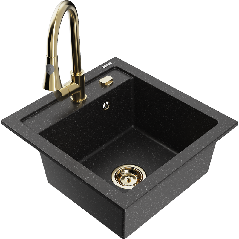Mexen Vito Granitspüle 1-Becken mit Küchenarmatur Elia, Schwarz/Silber Metallic - 6503-73-670101-50