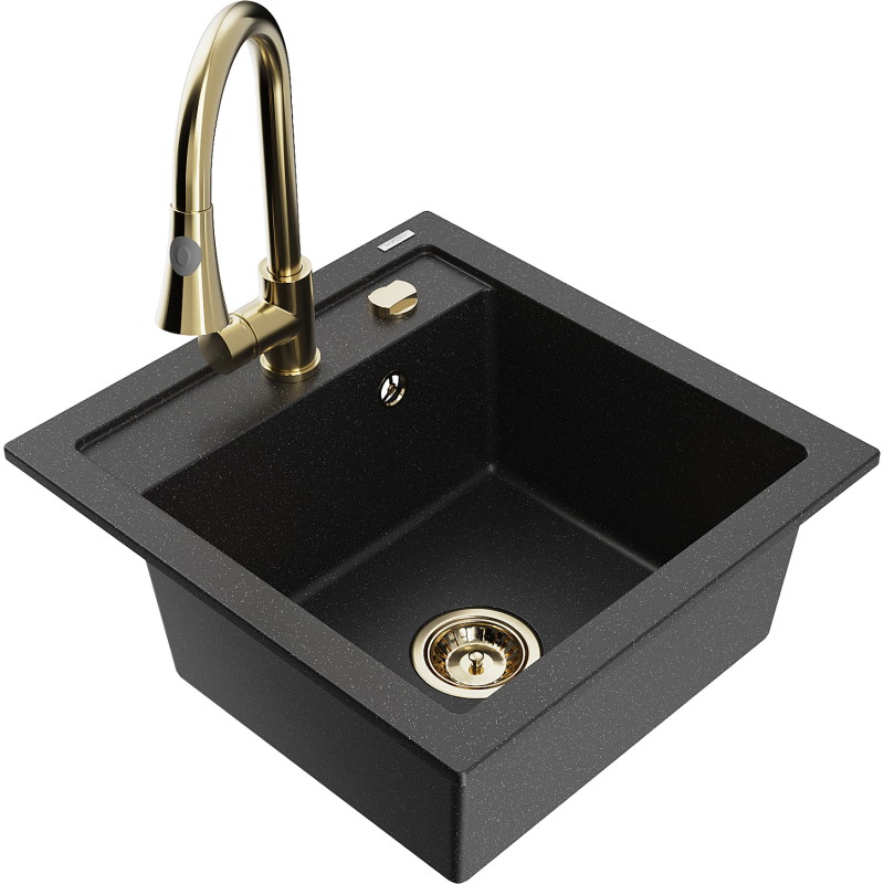 Mexen Vito Granitspüle 1-beckig mit Küchenarmatur Elia, schwarz/silber Metallic - 6503-73-670101-50