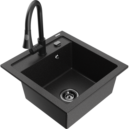 Mexen Vito Granitspüle 1-Kammer mit Küchenarmatur Elia, schwarz/silber metallic - 6503-73-670101-70-B