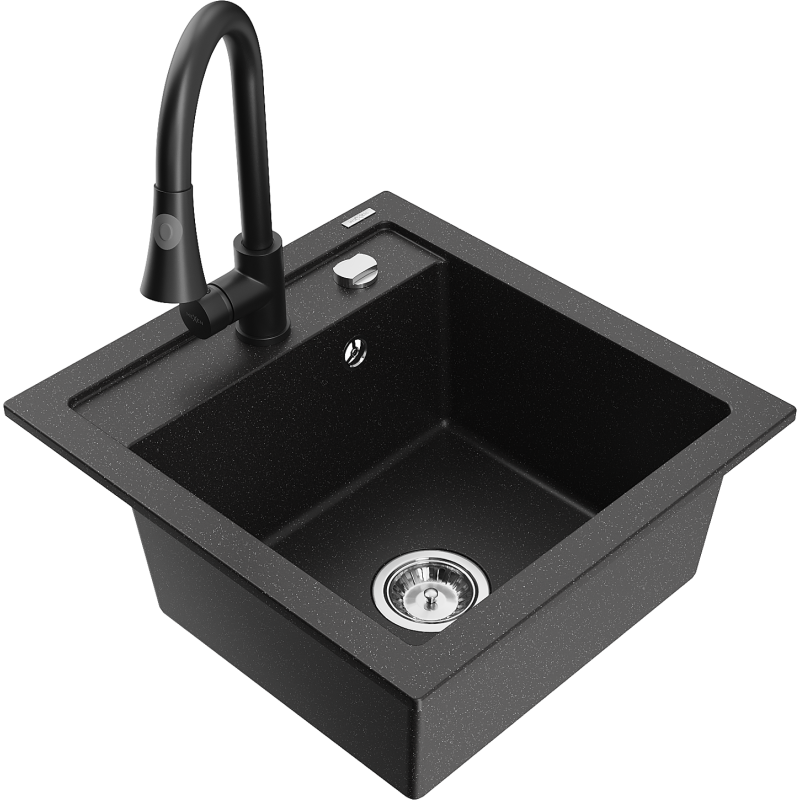 Mexen Vito Granitspüle 1-Schüssel mit Küchenarmatur Elia, schwarz/silber metallic - 6503-73-670101-70