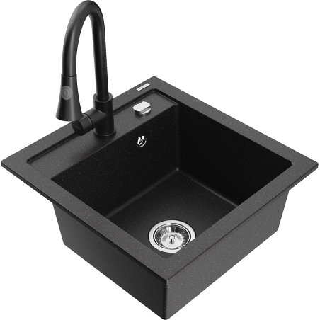 Mexen Vito Granitspüle 1-Schüssel mit Küchenarmatur Elia, schwarz/silber metallic - 6503-73-670101-70