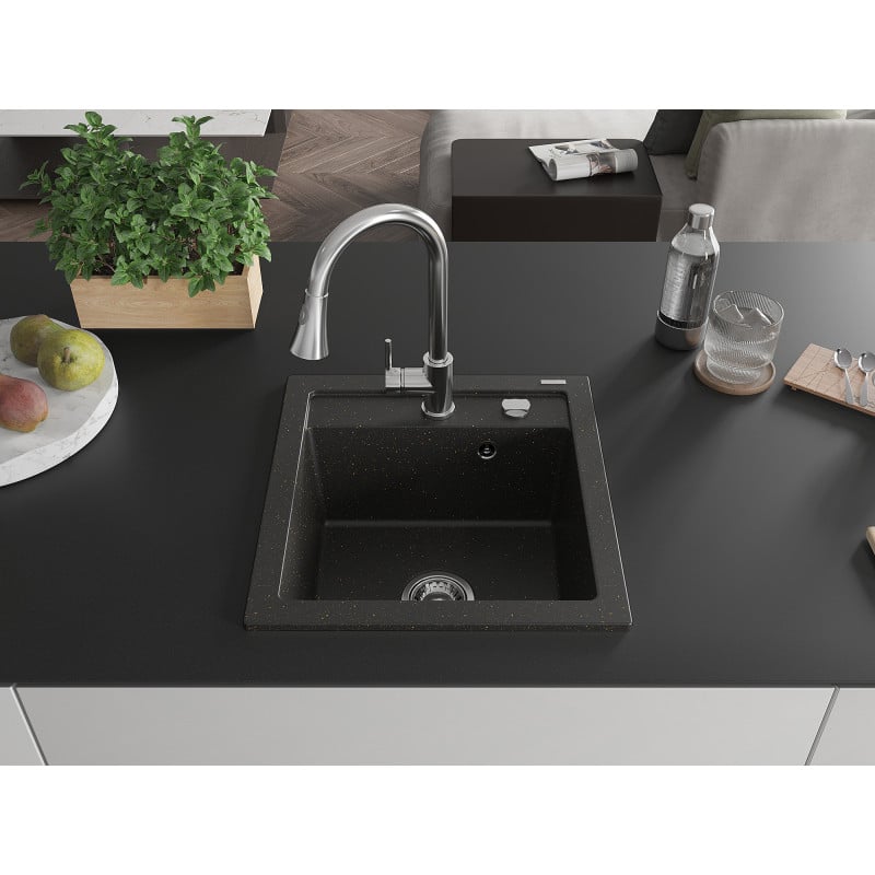 Mexen Vito Granitspüle 1-beckig mit Küchenarmatur Elia, schwarz/gold metallic - 6503-75-670101-00