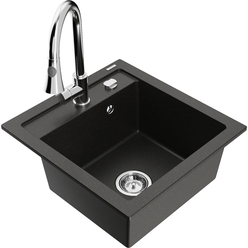 Mexen Vito Granitspüle 1-Becken mit Küchenarmatur Elia, schwarz/goldener Metallic-Look - 6503-75-670101-00