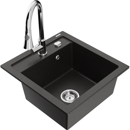Mexen Vito Granitspüle 1-Becken mit Küchenarmatur Elia, schwarz/goldener Metallic-Look - 6503-75-670101-00