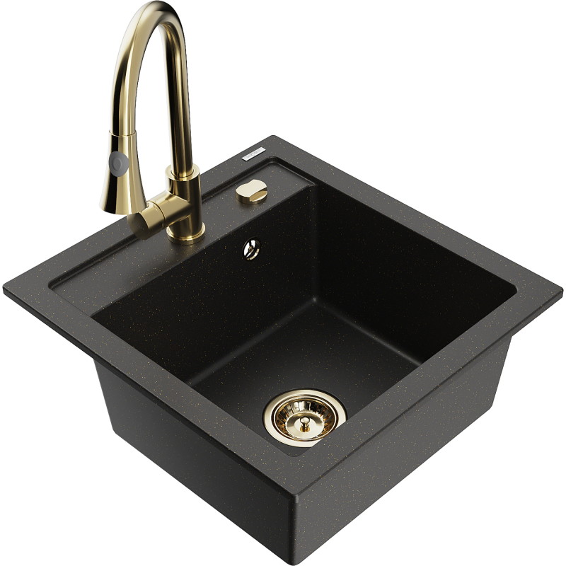 Mexen Vito Granitspüle 1-becken mit Küchenarmatur Elia, schwarz/goldener Metallik - 6503-75-670101-50