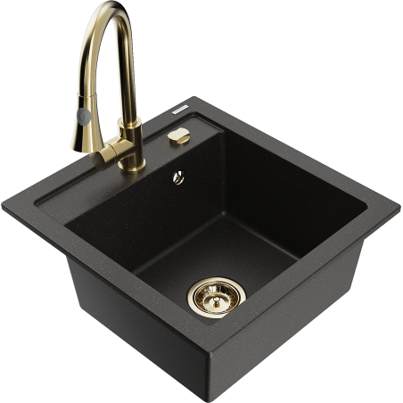 Mexen Vito Granitspüle 1-Becken mit Küchenarmatur Elia, Schwarz/Gold Metallic - 6503-75-670101-50