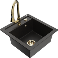 Mexen Vito Granitspüle 1-Becken mit Küchenarmatur Elia, Schwarz/Gold Metallic - 6503-75-670101-50