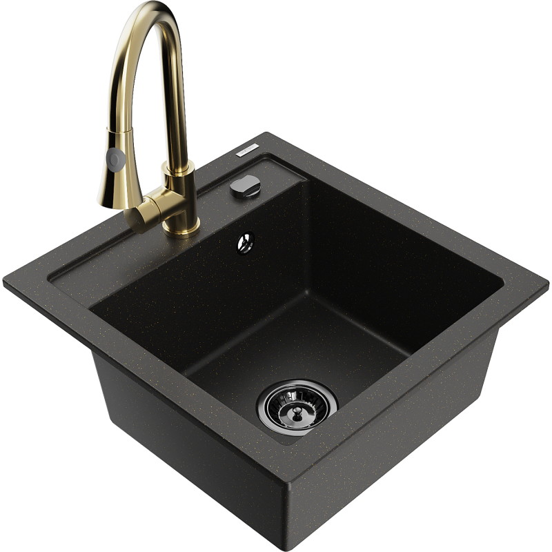 Mexen Vito 1-Kammer-Granistpüle mit Küchenarmatur Elia, schwarz/goldener Metallic - 6503-75-670101-50-B