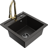 Mexen Vito Granitspüle 1-becken mit Küchenarmatur Elia, schwarz/gold Metallic - 6503-75-670101-50-B