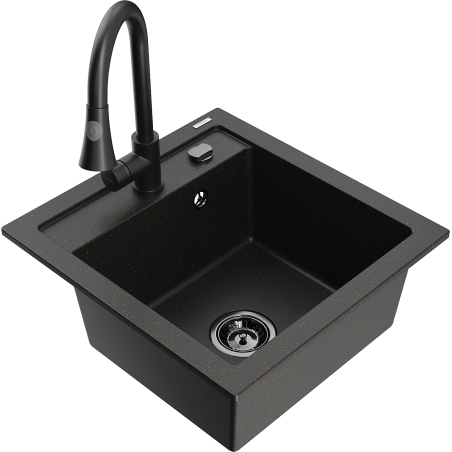 Mexen Vito Granitspüle 1-Becken mit Küchenarmatur Elia, Schwarz/Gold Metallic - 6503-75-670101-70-B