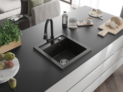 Mexen Vito Granitspüle 1-beckig mit Küchenarmatur Elia, Schwarz/Gold Metallic - 6503-75-670101-70