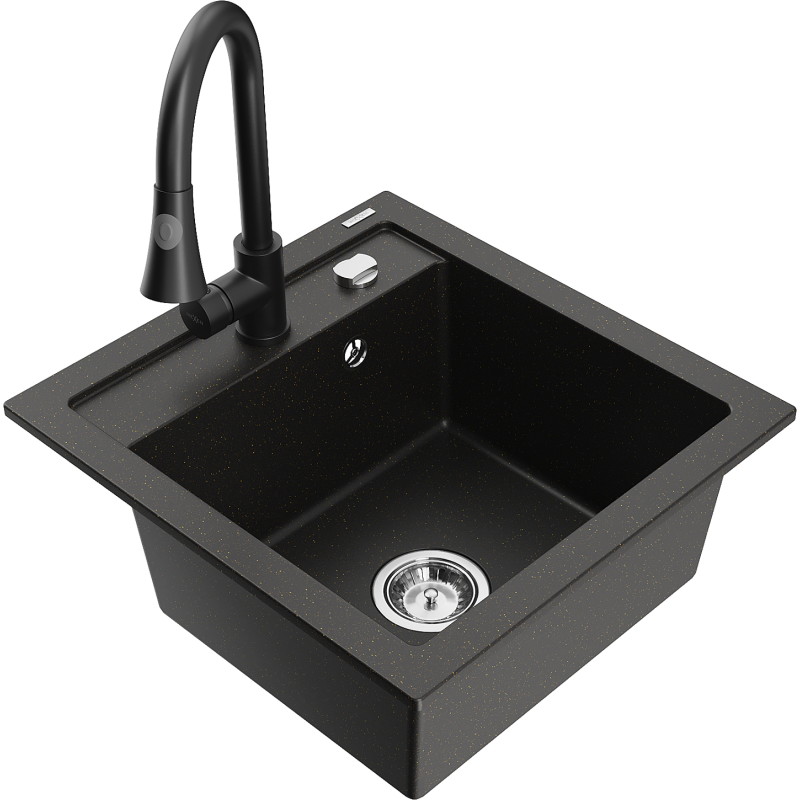 Mexen Vito Granitspüle 1-Becken mit Küchenarmatur Elia, schwarz/gold metallic - 6503-75-670101-70