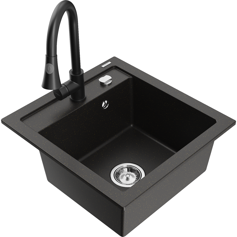 Mexen Vito Granitspüle 1-beckig mit Küchenarmatur Elia, Schwarz/Gold Metallic - 6503-75-670101-70