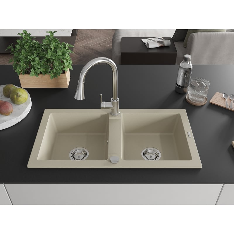 Mexen Mario granitspüle 2-beckig mit Küchenarmatur Elia, beige - 6504-69-670101-00