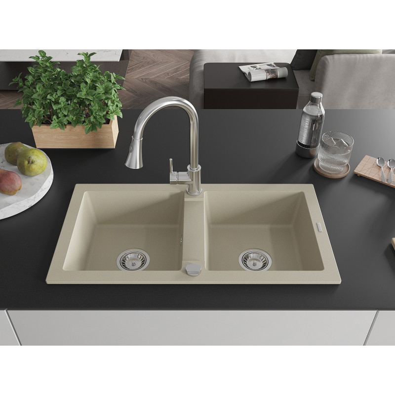 Mexen Mario granitspüle mit 2 Becken und Küchenarmatur Elia, beige - 6504-69-670101-00