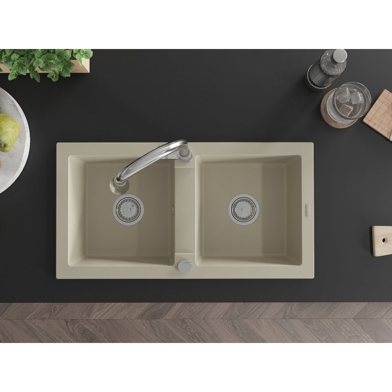 Mexen Mario granitspüle 2-beckig mit Küchenarmatur Elia, beige - 6504-69-670101-00
