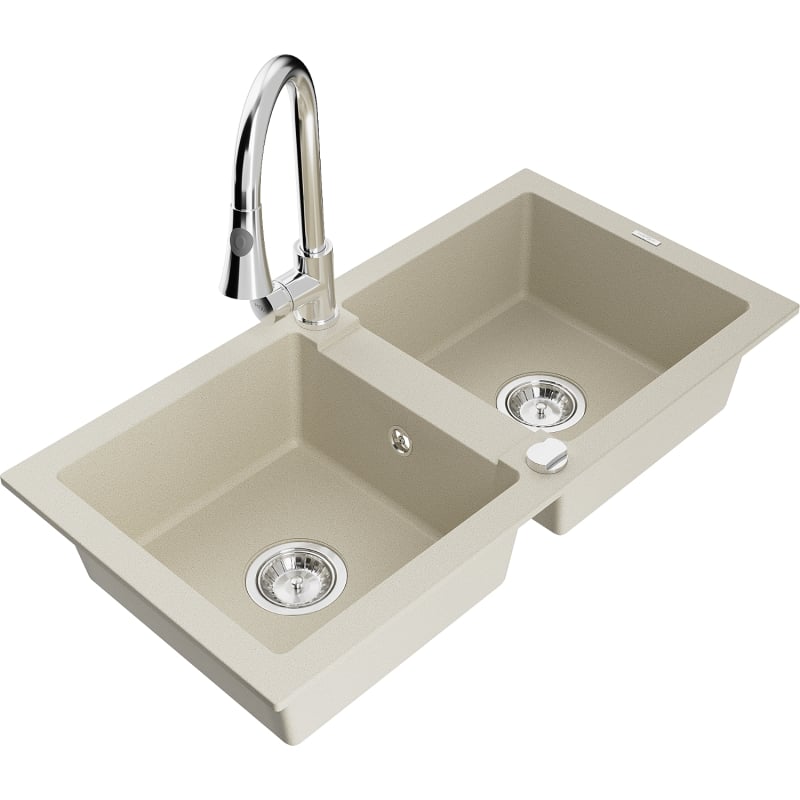 Mexen Mario granitspüle 2-beckig mit Küchenarmatur Elia, beige - 6504-69-670101-00