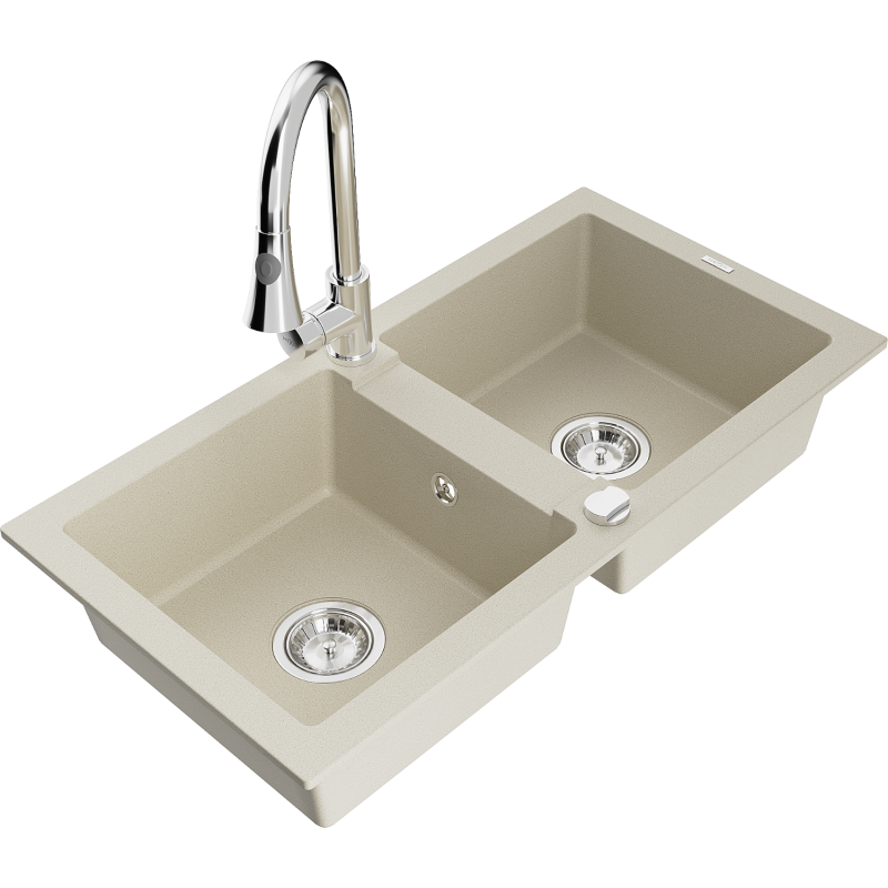 Mexen Mario Granitspüle 2-Kammer mit Küchenarmatur Elia, beige - 6504-69-670101-00