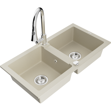 Mexen Mario Granitspüle 2-Kammer mit Küchenarmatur Elia, beige - 6504-69-670101-00