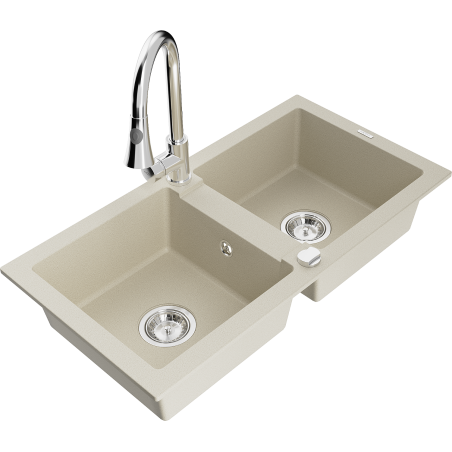 Mexen Mario granitspüle mit 2 Becken und Küchenarmatur Elia, beige - 6504-69-670101-00
