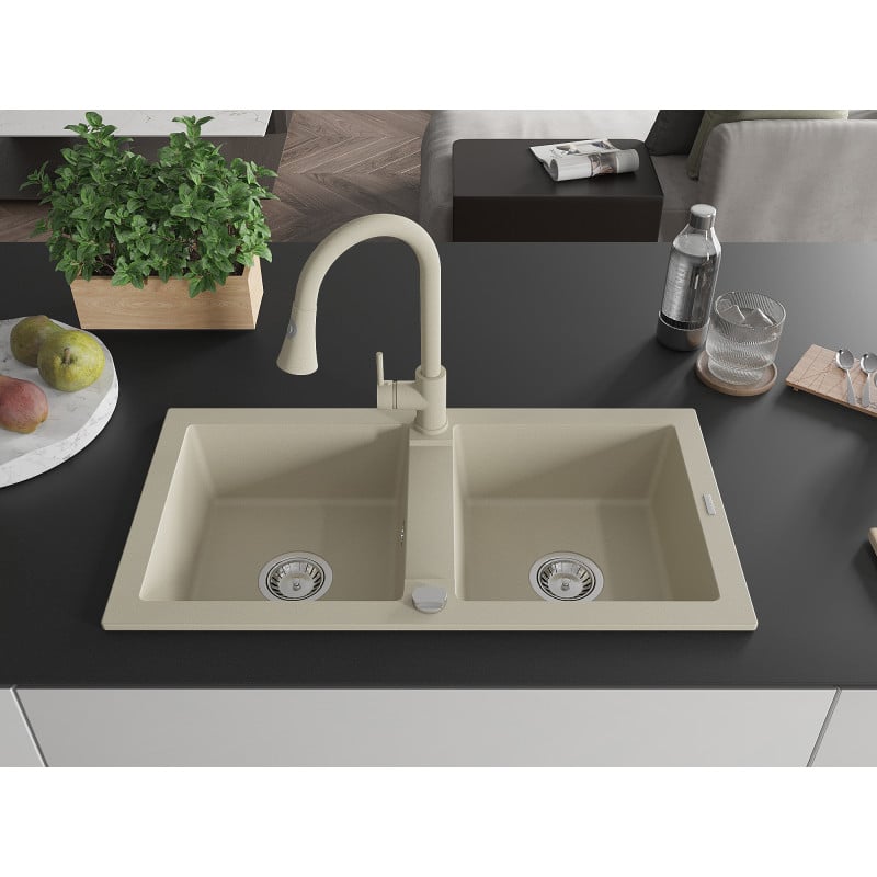 Mexen Mario Granitspüle 2-Becken mit Küchenarmatur Elia, beige - 6504-69-670101-69