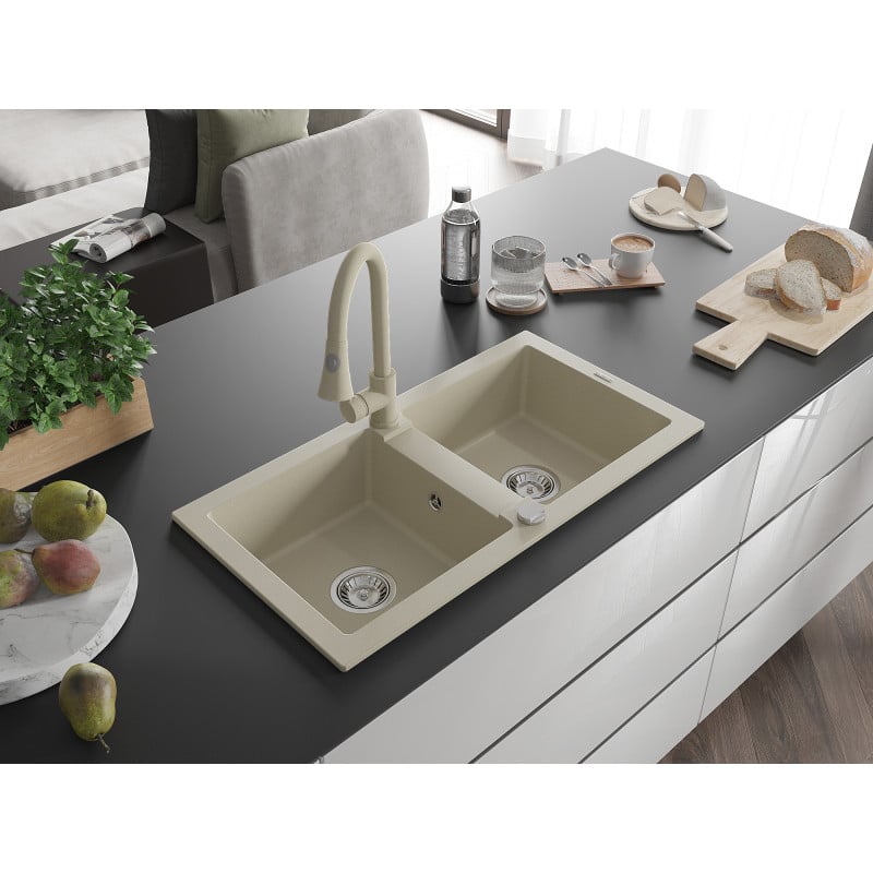 Mexen Mario Granitspüle 2-Becken mit Küchenarmatur Elia, beige - 6504-69-670101-69