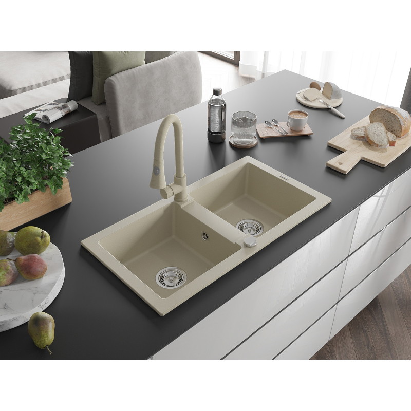 Mexen Mario Granitspüle 2-Kammer mit Küchenarmatur Elia, beige - 6504-69-670101-69