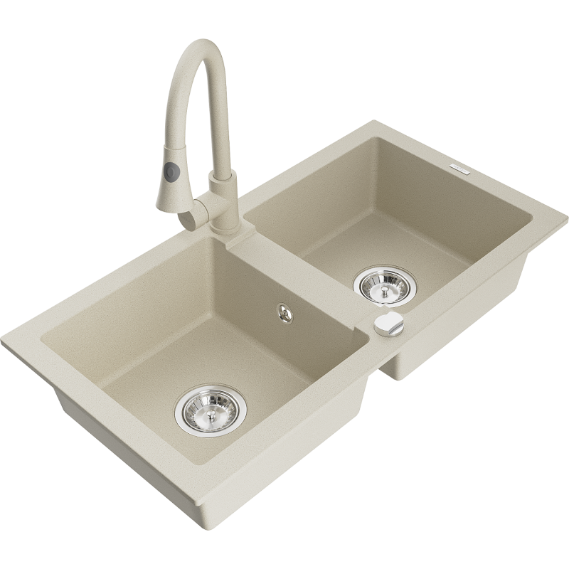 Mexen Mario Granitspüle 2-Becken mit Küchenarmatur Elia, beige - 6504-69-670101-69