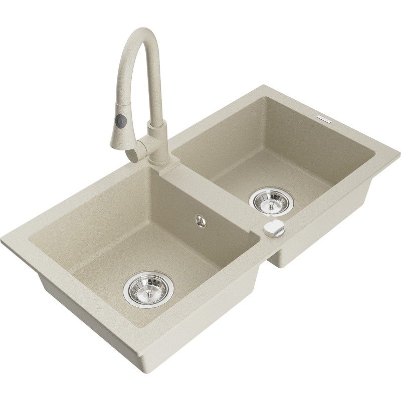 Mexen Mario Granitspüle 2-Kammer mit Küchenarmatur Elia, beige - 6504-69-670101-69