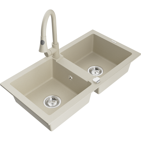 Mexen Mario 2-Becken-Granitspüle mit Mischbatterie Elia, Beige - 6504-69-670101-69