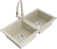 Mexen Mario Granitspüle 2-Becken mit Küchenarmatur Elia, beige - 6504-69-670101-69