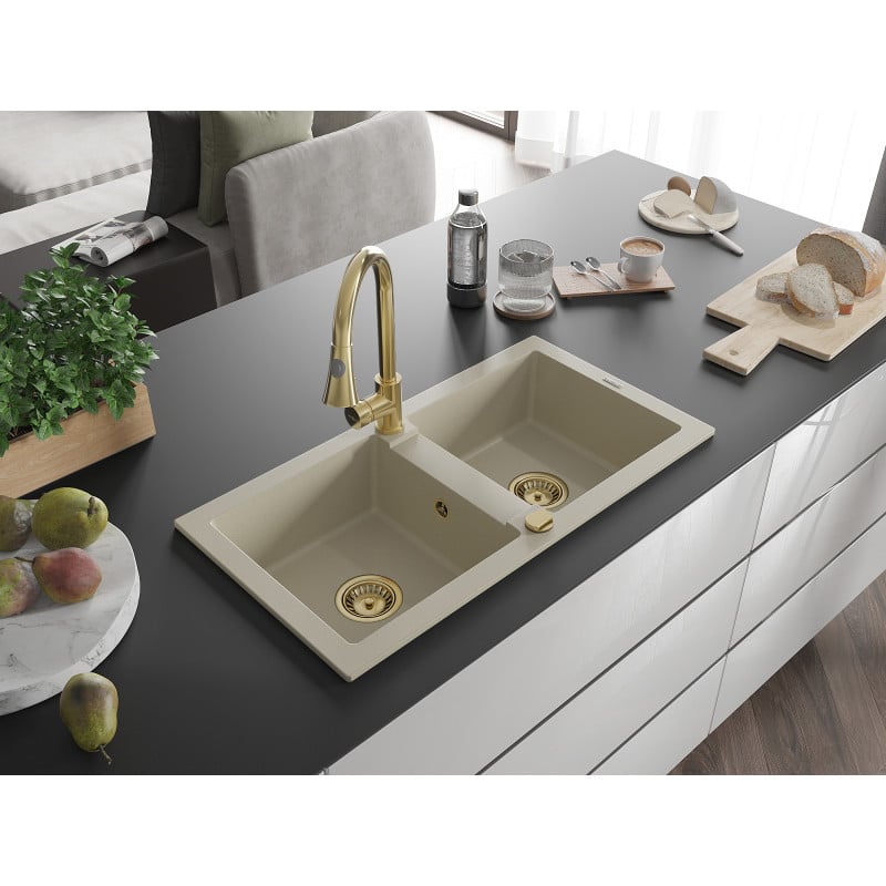 Mexen Mario Granitspüle 2-Kammer mit Küchenarmatur Elia, beige - 6504-69-670101-50