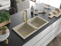 Mexen Mario Granitspüle 2-Kammer mit Küchenarmatur Elia, beige - 6504-69-670101-50