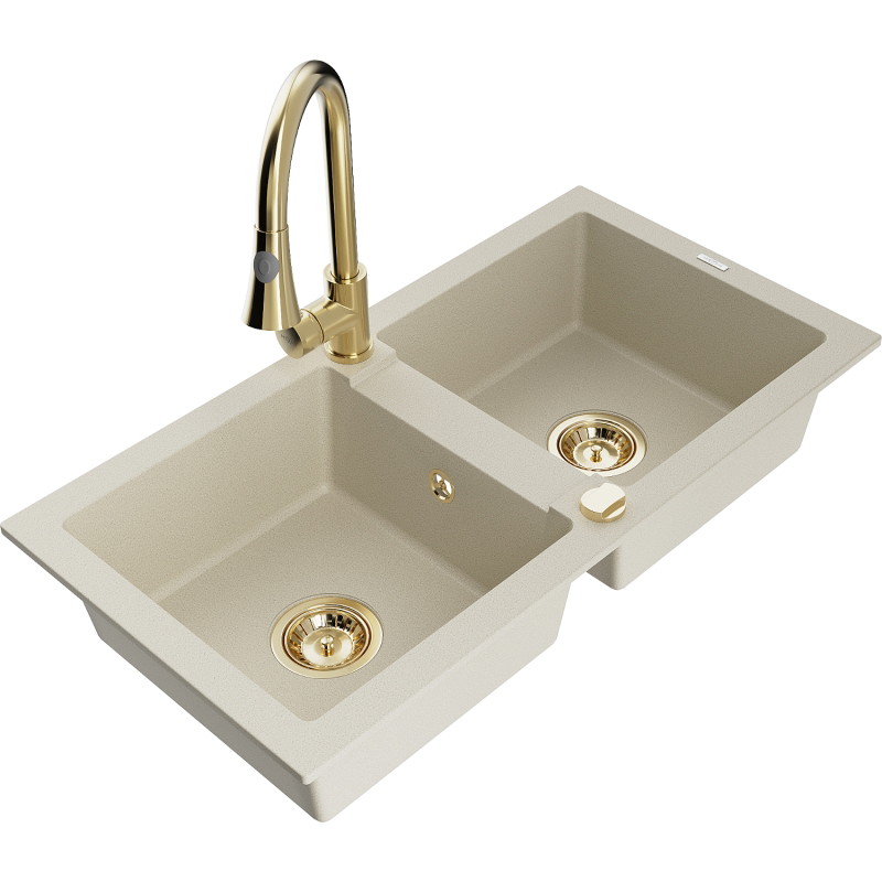 Mexen Mario Granit-Doppelspülbecken mit Küchenarmatur Elia, beige - 6504-69-670101-50