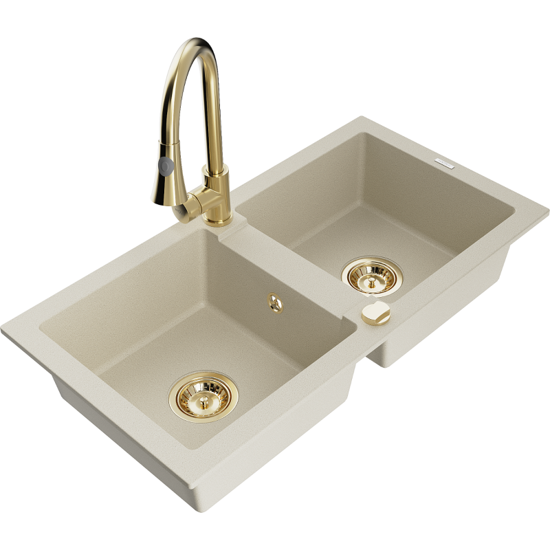Mexen Mario Granitspüle 2-Kammer mit Küchenarmatur Elia, beige - 6504-69-670101-50